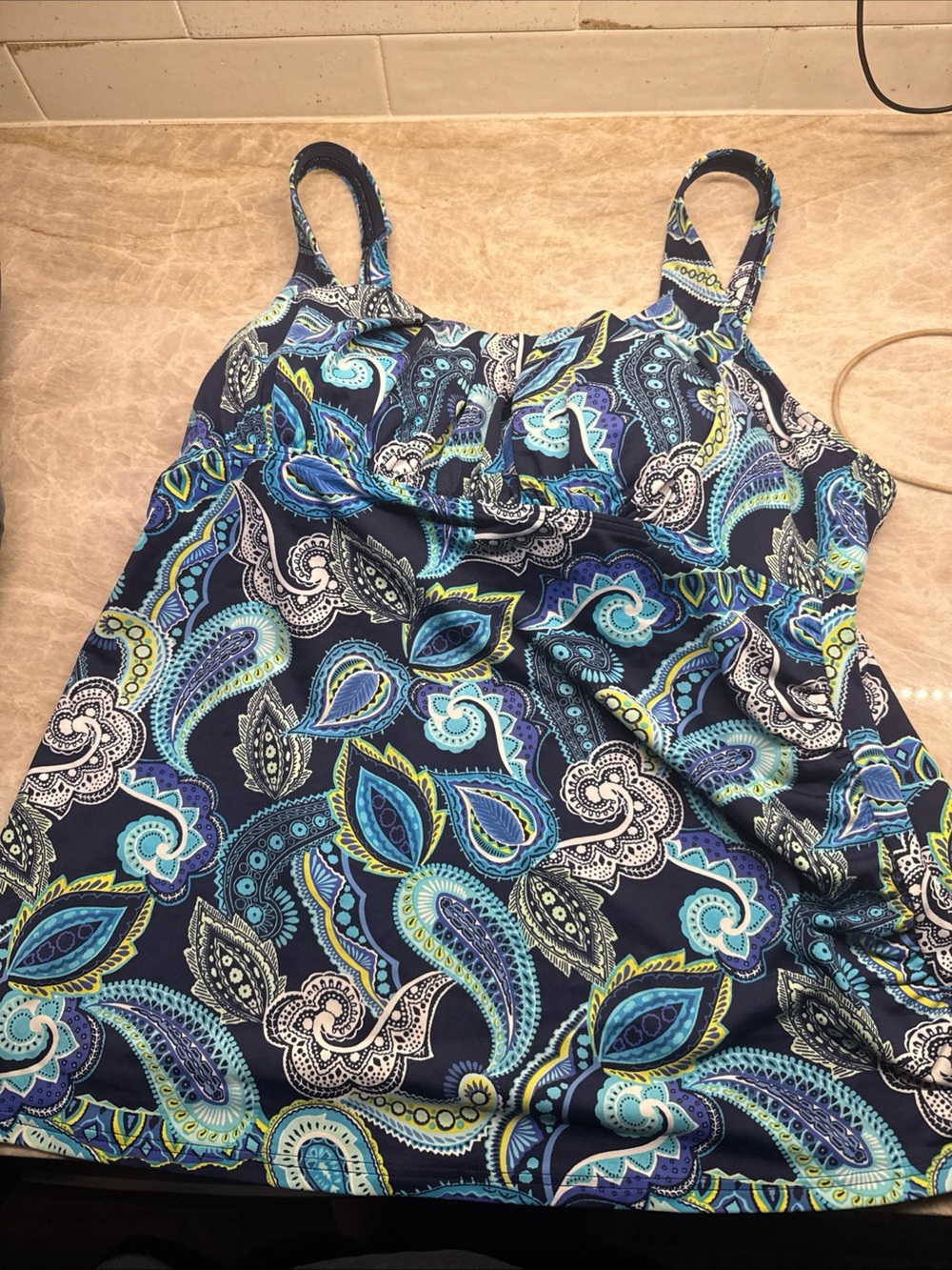 Lands' End Black Paisley Tankini Top with Blue & Purple Accents Sz 16